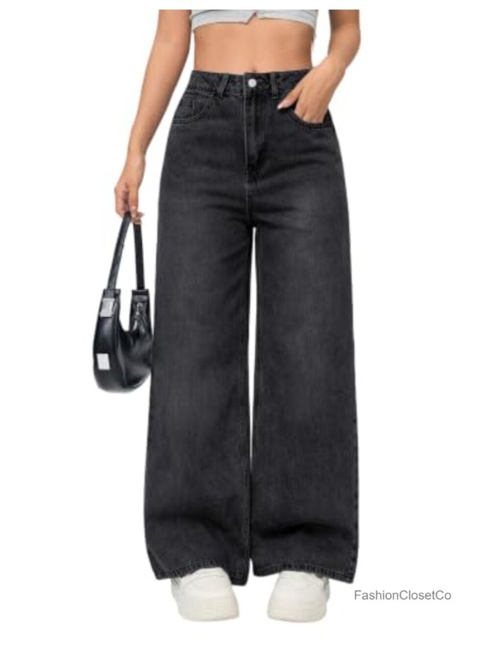 Women's Wide Leg Mid Rise Non-Stretch Denim Jeans Five Pocket